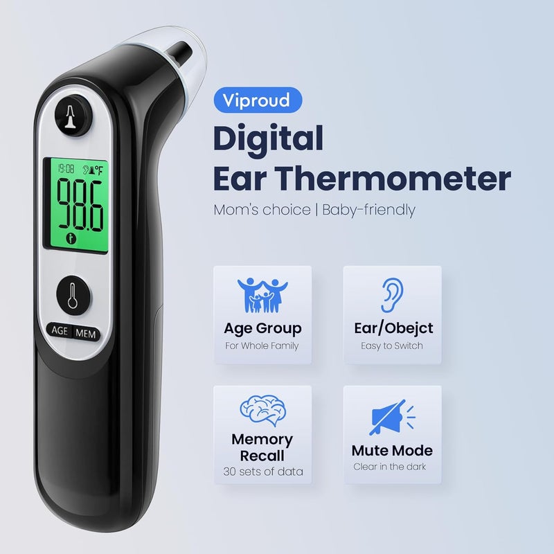 Viproud Ear Thermometer for Kids, Babies and Adults, 1 Second Accurate Digital Thermometer, Mute Function, 3-Color Fever Alert, 3 Age Groups, 30 Memory Recall with 20x Probe Covers (Dark Black) - Image 2
